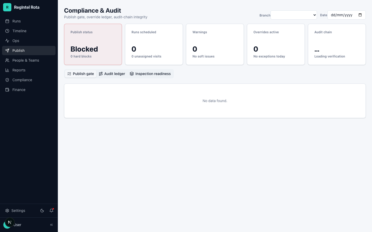 Compliance and audit surface with KPI strip and publish-gate tabs