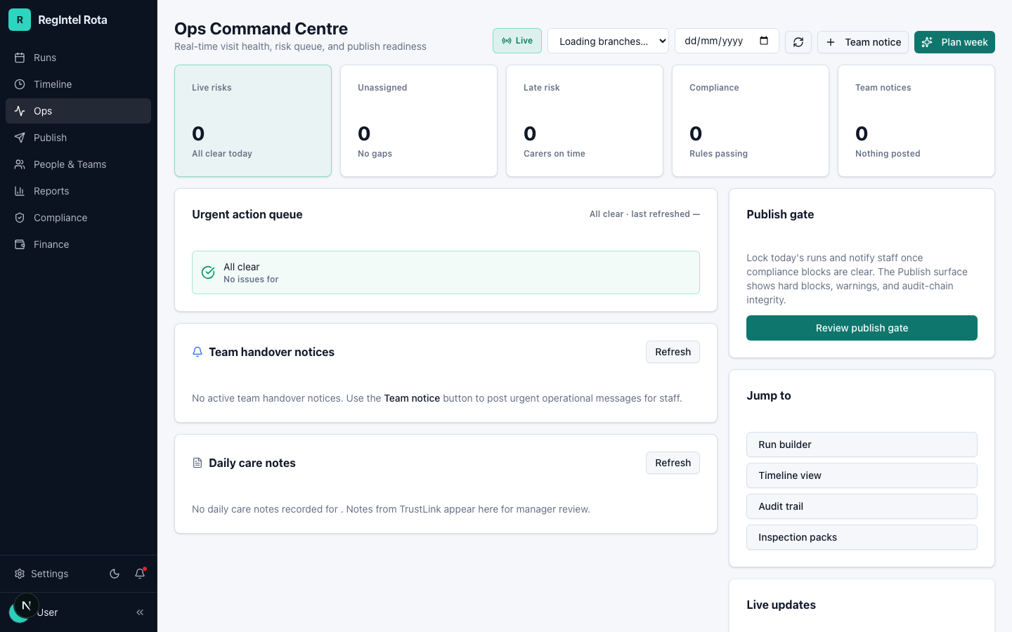Ops command centre with KPI strip, urgent action queue, and publish gate