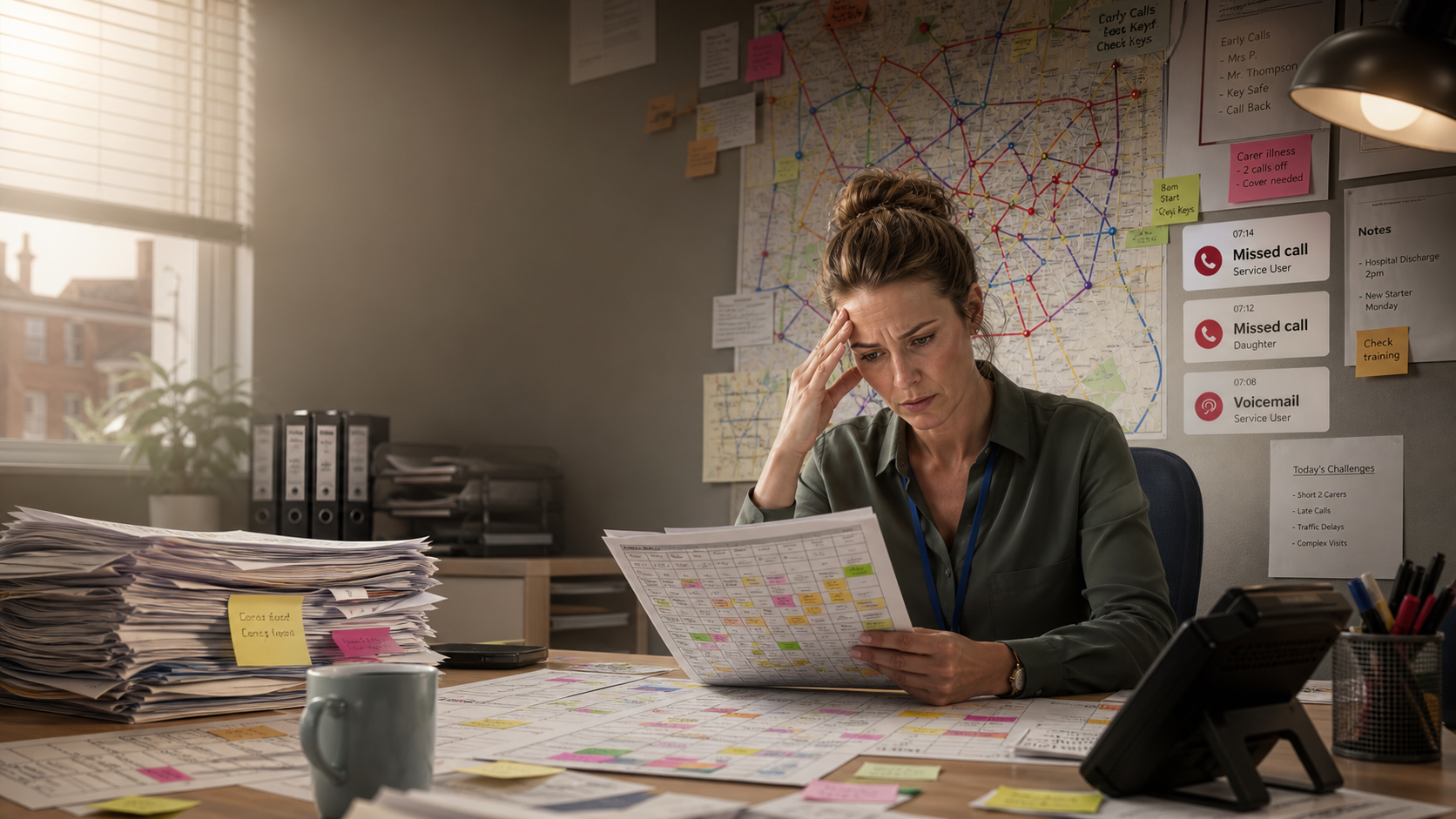 Care coordinator surrounded by paper rotas and missed-call notes